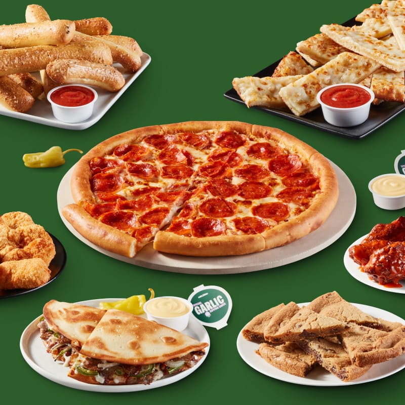 chicken poppers, 1-topping pizza, papadia, cheesesticks, and brownie